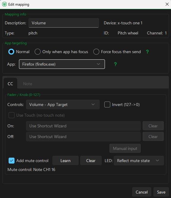 MIDI Command Studio Mapping Editor showing MIDI input, action, application targeting and control behaviour settings